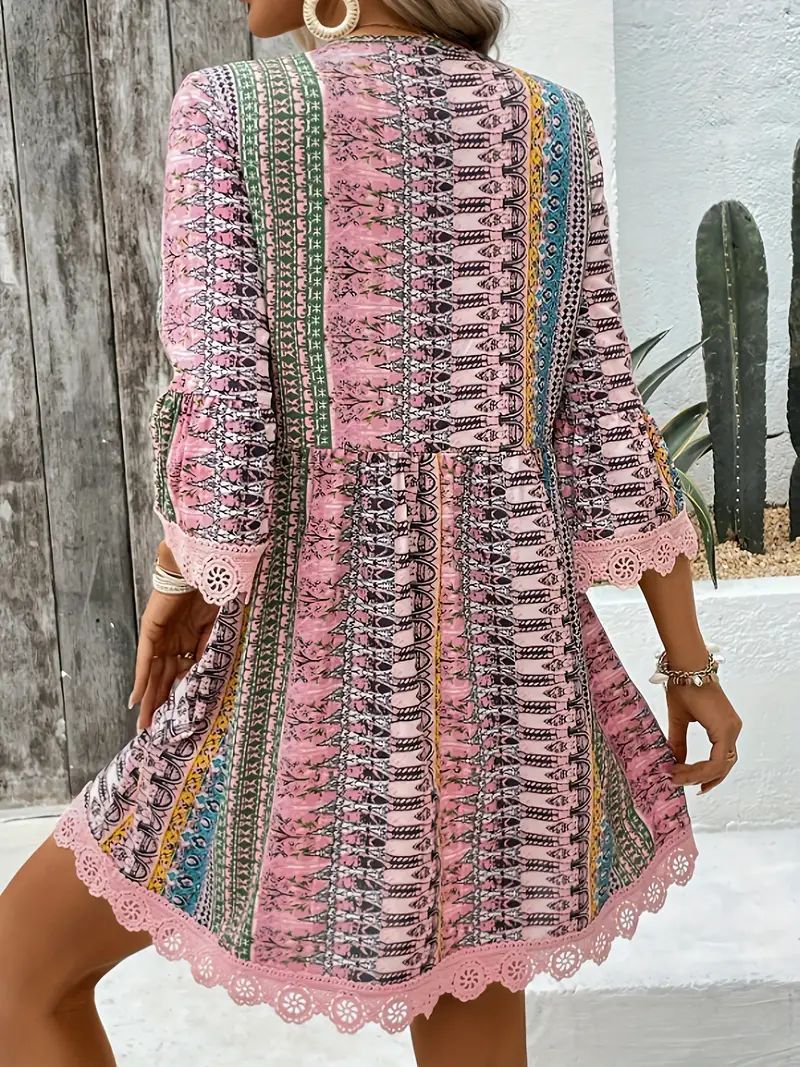 Bohemian Style V-neck Printed Dress Fashion Casual Loose Beach Dresses For Women