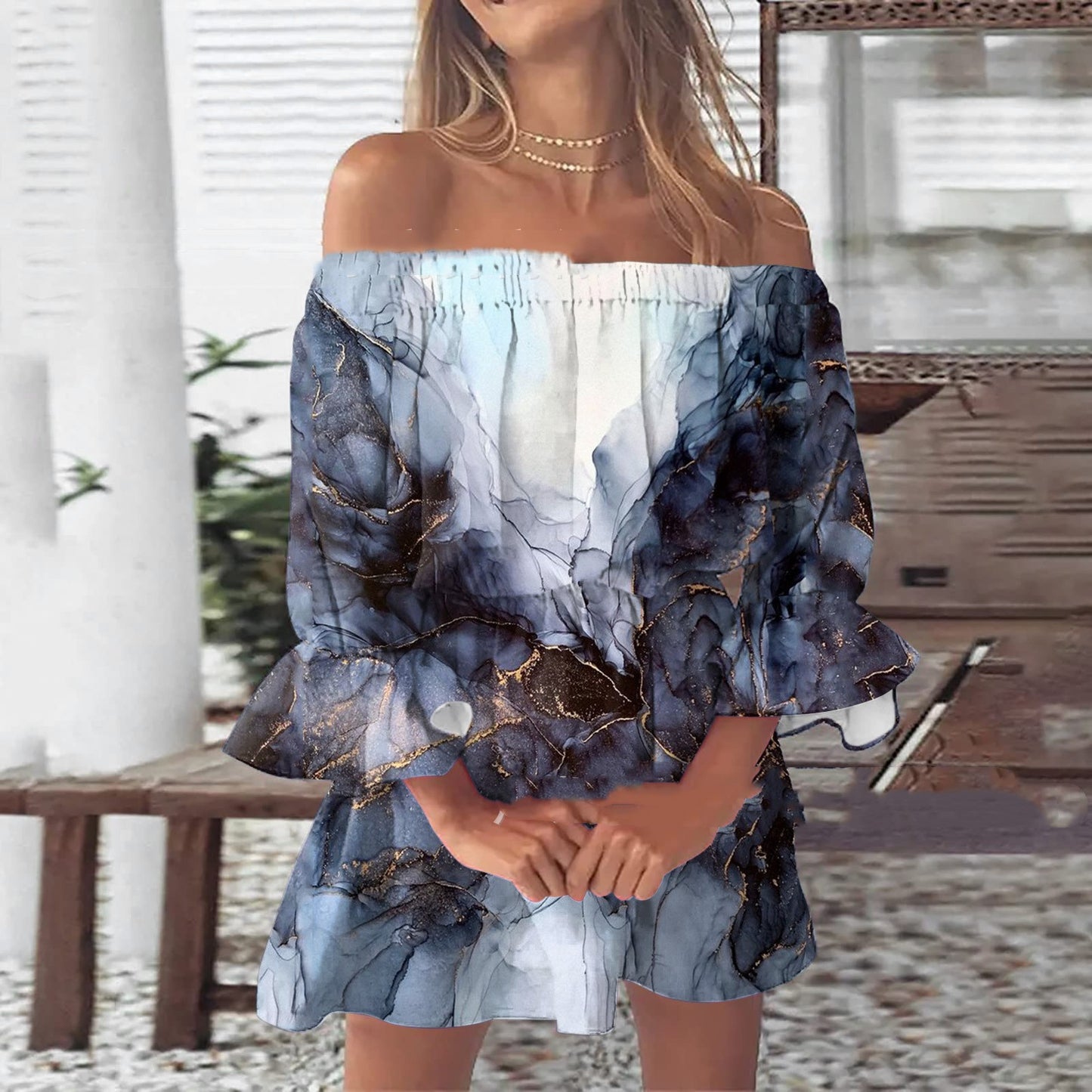 Off-shoulder Pleated Skirt Printing