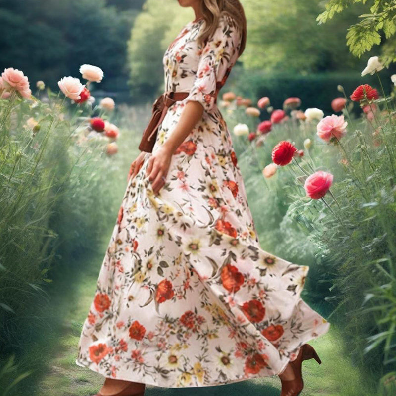 Women's Elegant Floral Print Boho Dress - Round Neck Half Sleeves Flowy Maxi Dress