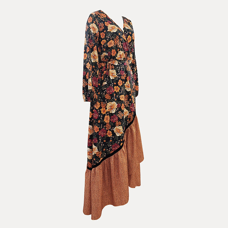 Women's Elegant V-Neck Floral Dress - Cross Front Detail & Tiered Ruffle Hem Flowing Bohemian-style Dress