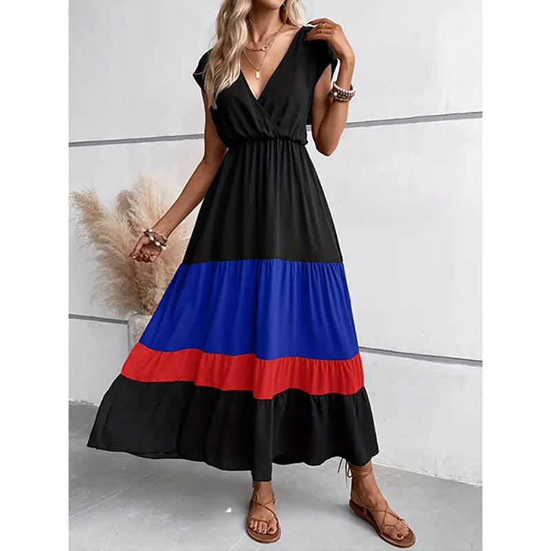 Women's Color Block Maxi Dresses V Neck Sleeveless Tiered Casual Dresses Loose Sundress