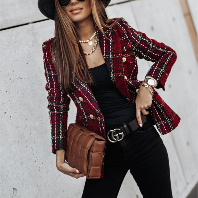 Women's Elegant Checkered Long Sleeve Blazer - Double-Breasted Printed Trench Coat For Fall&Winter, Office & Casual Jacket