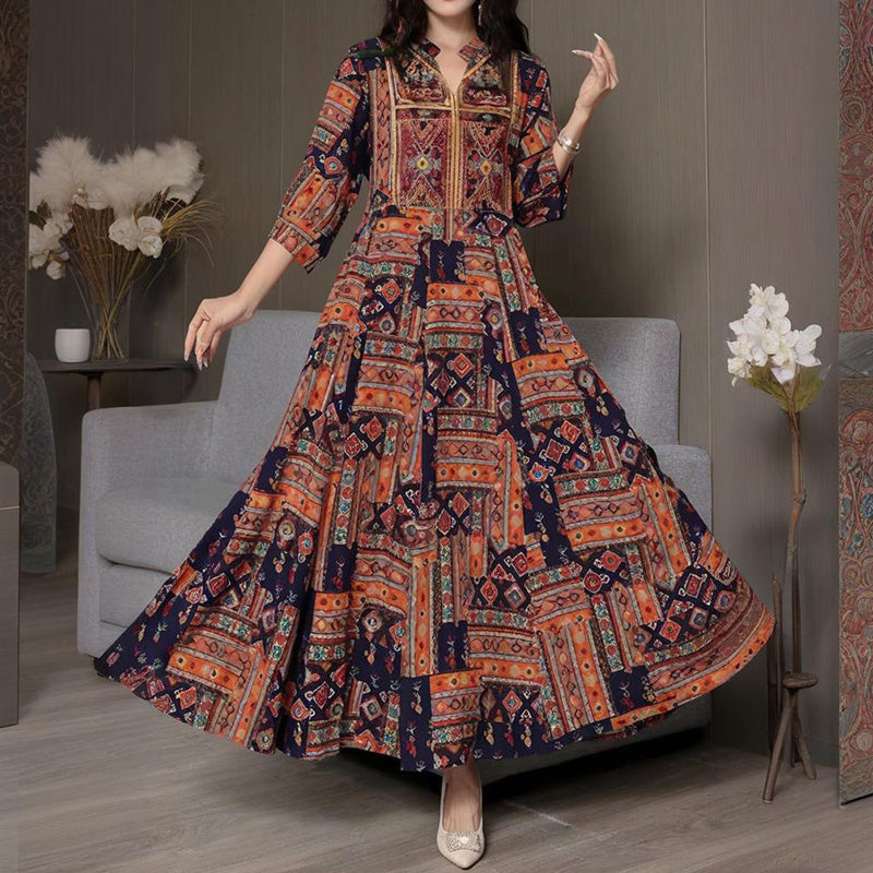 Women's Middle Eastern Style Long Sleeve Dress - Geometric Print V-Neck Embroidered Maxi Dress Boho Vacation Dress