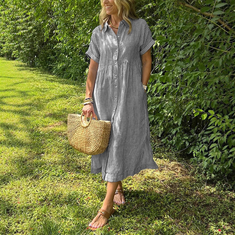 Loose Striped Short Sleeve Casual Cotton And Linen Dress