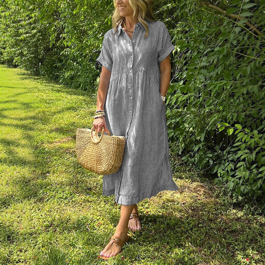 Loose Striped Short Sleeve Casual Cotton And Linen Dress
