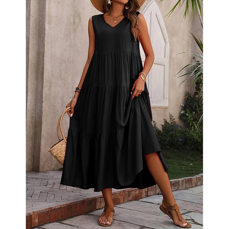 Women's Summer Casual Sleeveless V Neck Swing Dress Flowy Tiered Maxi Beach Dress