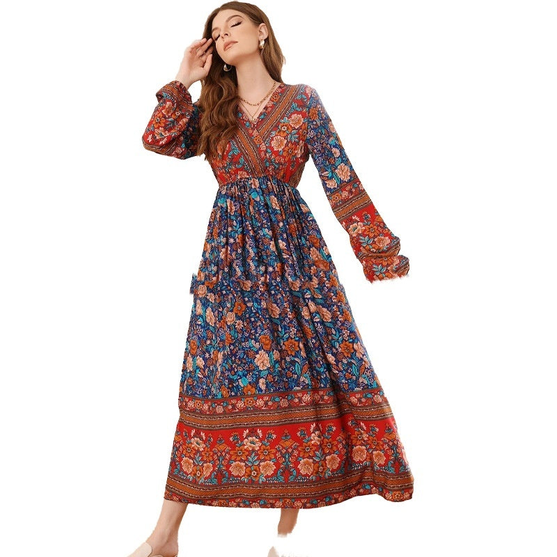 Rayon Long Sleeve Bohemian Dress Vacation Beach Large Swing Dress