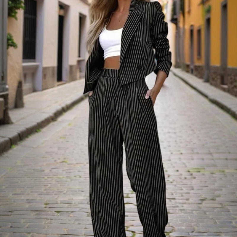 Women's Solid & Striped Long Sleeve Blazer Suit Set - Button-Up Cropped Top With Pleated Pants, Office Work Wear