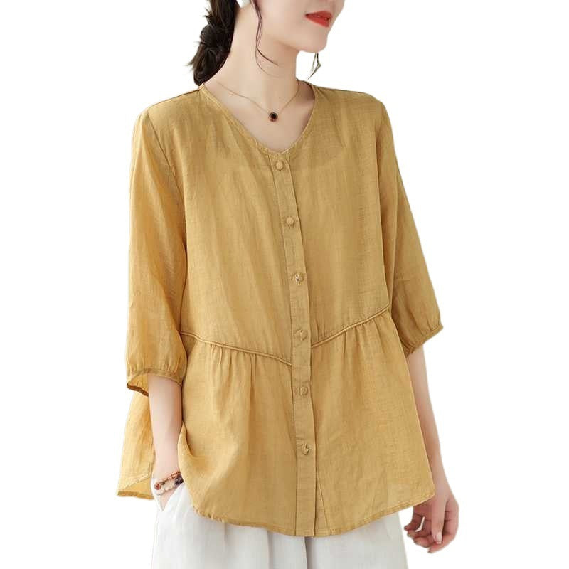 Artistic New Cotton And Linen Retro Crew Neck Top