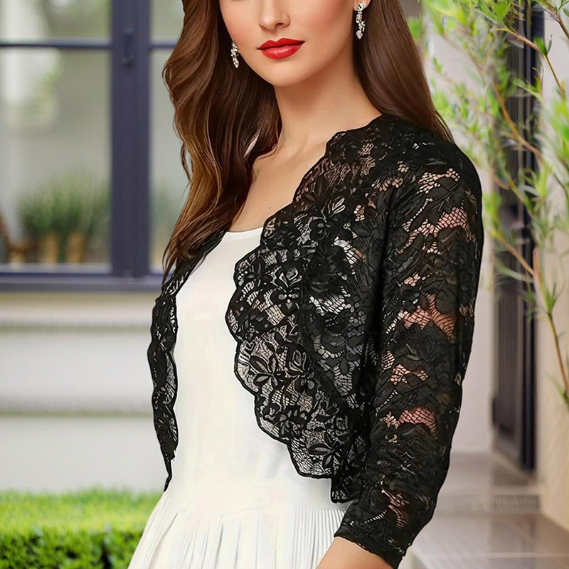 Women's Solid Color Cropped Lace Cardigan - Summer Fashion Medium-Long Sleeve Open Front Top