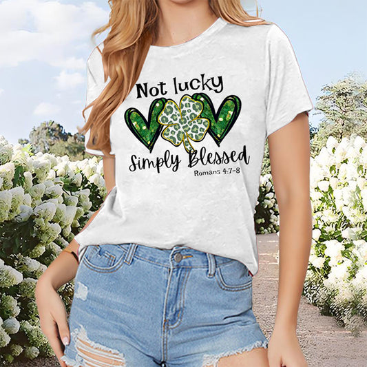 Women's 'Not Lucky' Slogan T-Shirt - Green Clover & Heart Print Casual Tee, Soft Round Neck Summer Top