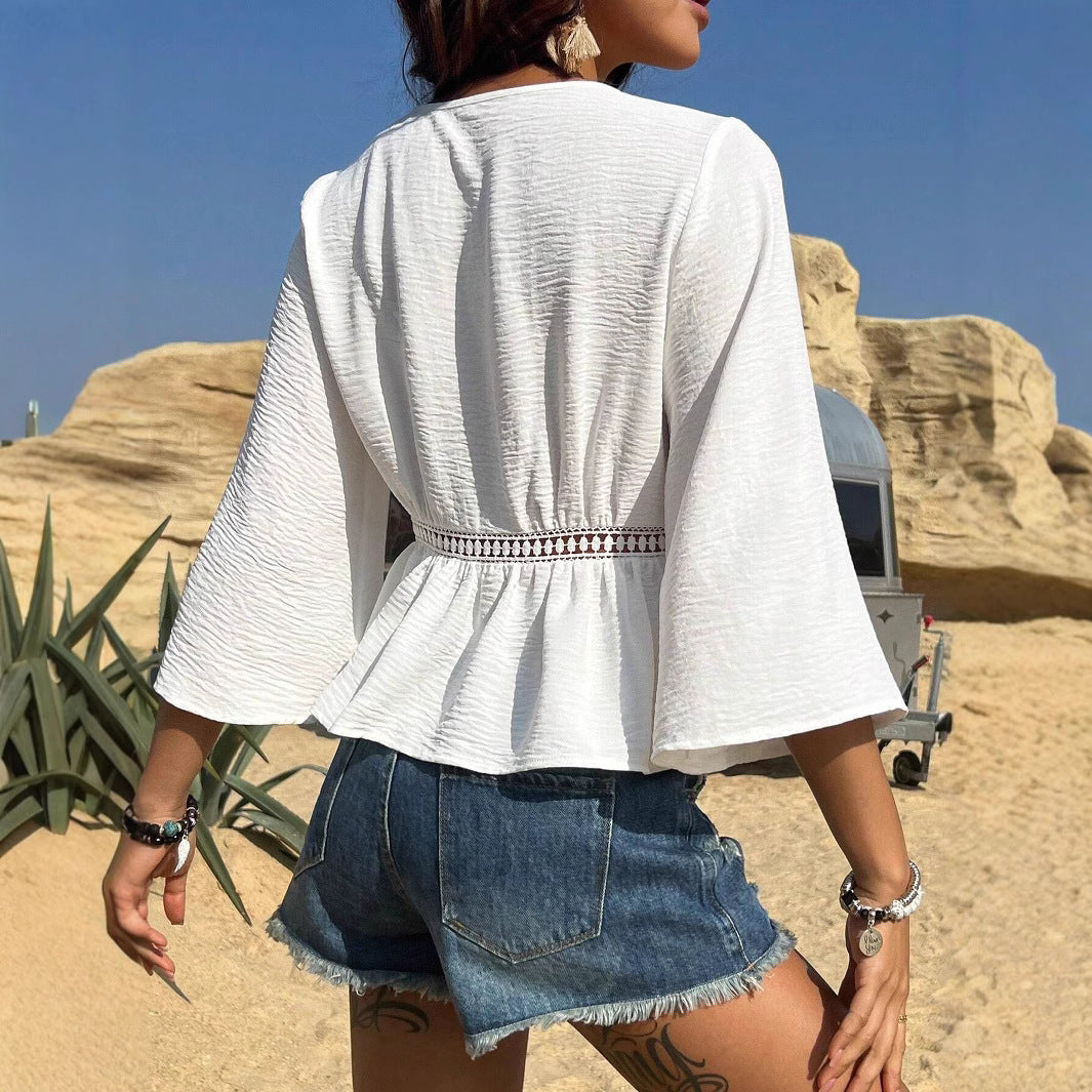 Solid Color Hollow-out Waist Inlaid Lace Shirt