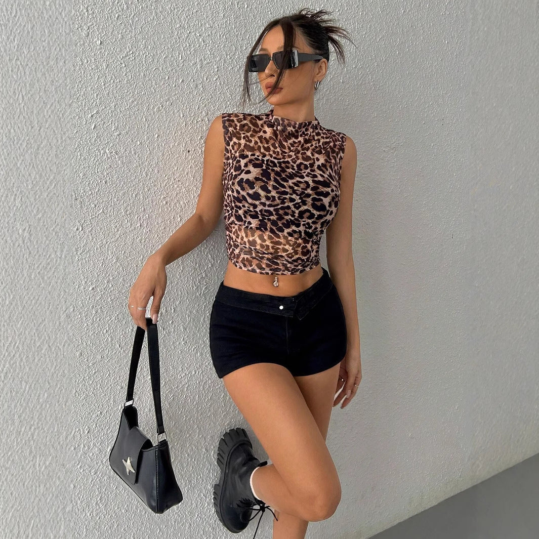 Slim Sleeveless Leopard Print Women's T-shirt