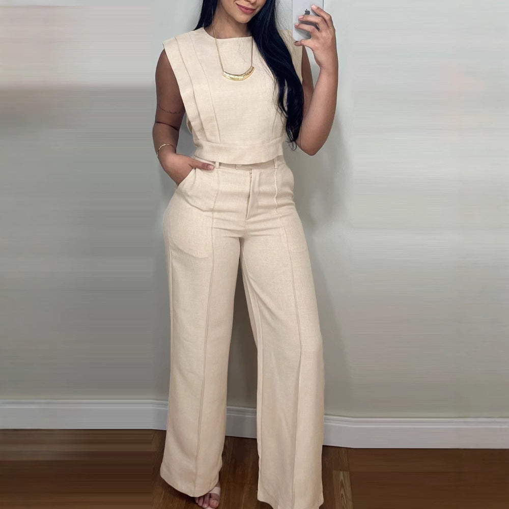 Summer Sleeveless Suit Fashion Round Neck Vest Top And Pocket Straight Pants Casual Trousers Set For Women Clothing