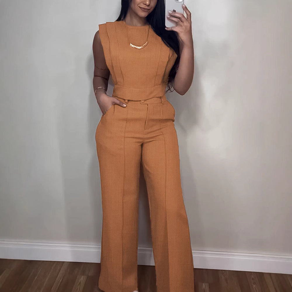 Summer Sleeveless Suit Fashion Round Neck Vest Top And Pocket Straight Pants Casual Trousers Set For Women Clothing