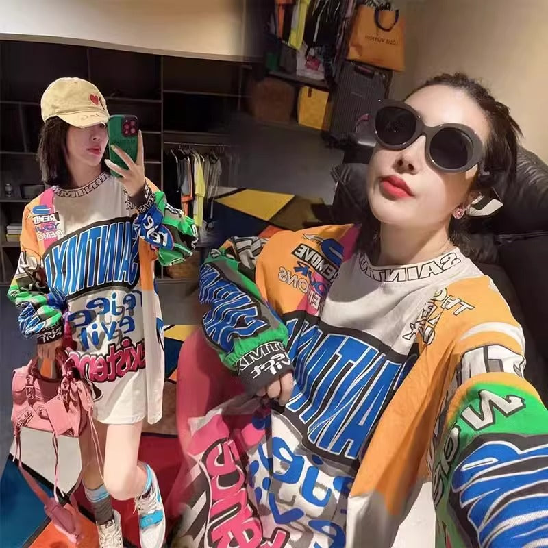 Graffiti Printing Design Round Neck Long Sleeve T-shirt