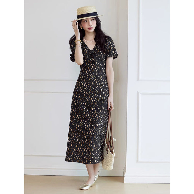 French Elegant Waist Slimming V-neckline Chiffon Dress Women