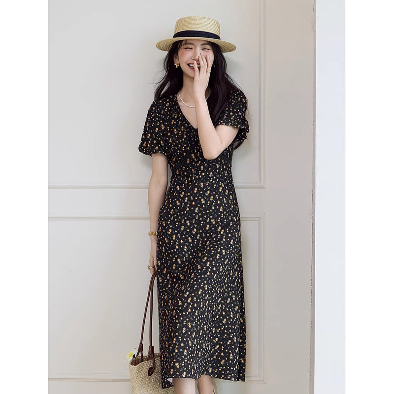 French Elegant Waist Slimming V-neckline Chiffon Dress Women