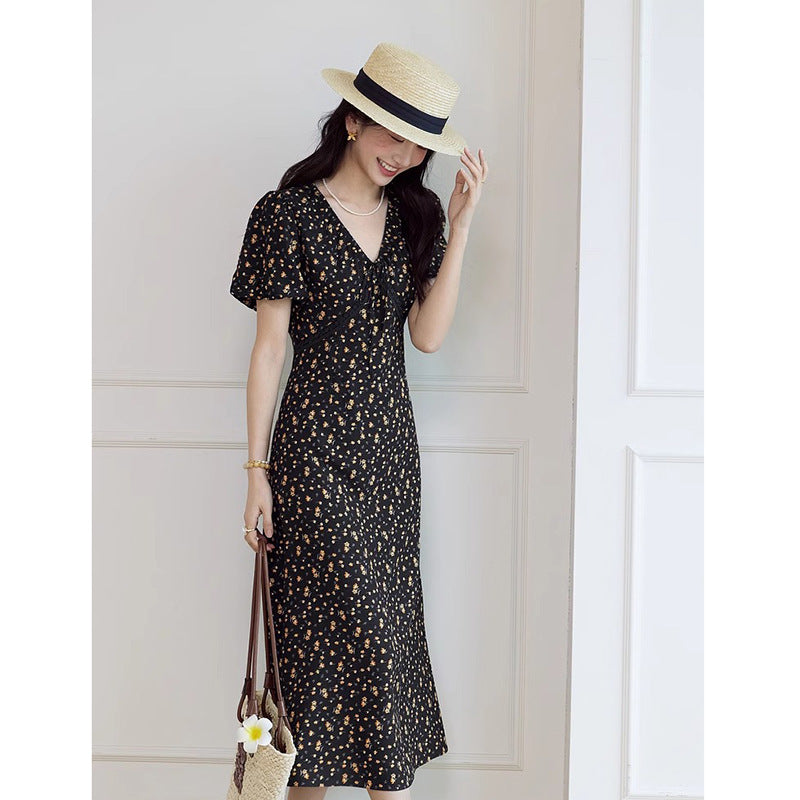 French Elegant Waist Slimming V-neckline Chiffon Dress Women