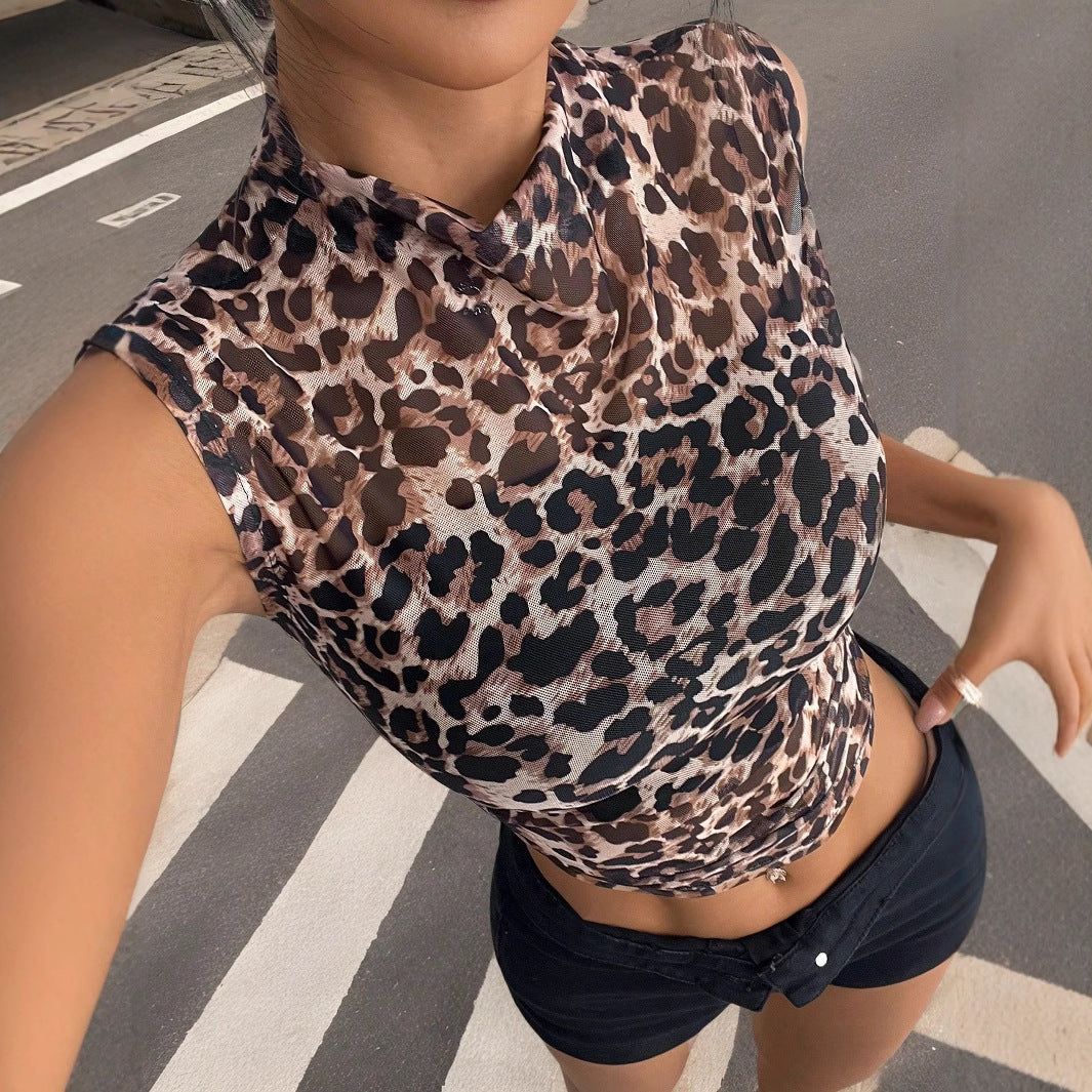 Slim Sleeveless Leopard Print Women's T-shirt