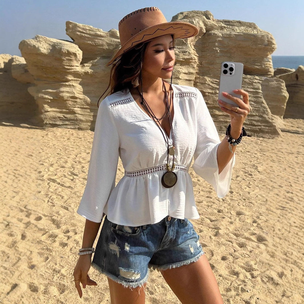 Solid Color Hollow-out Waist Inlaid Lace Shirt