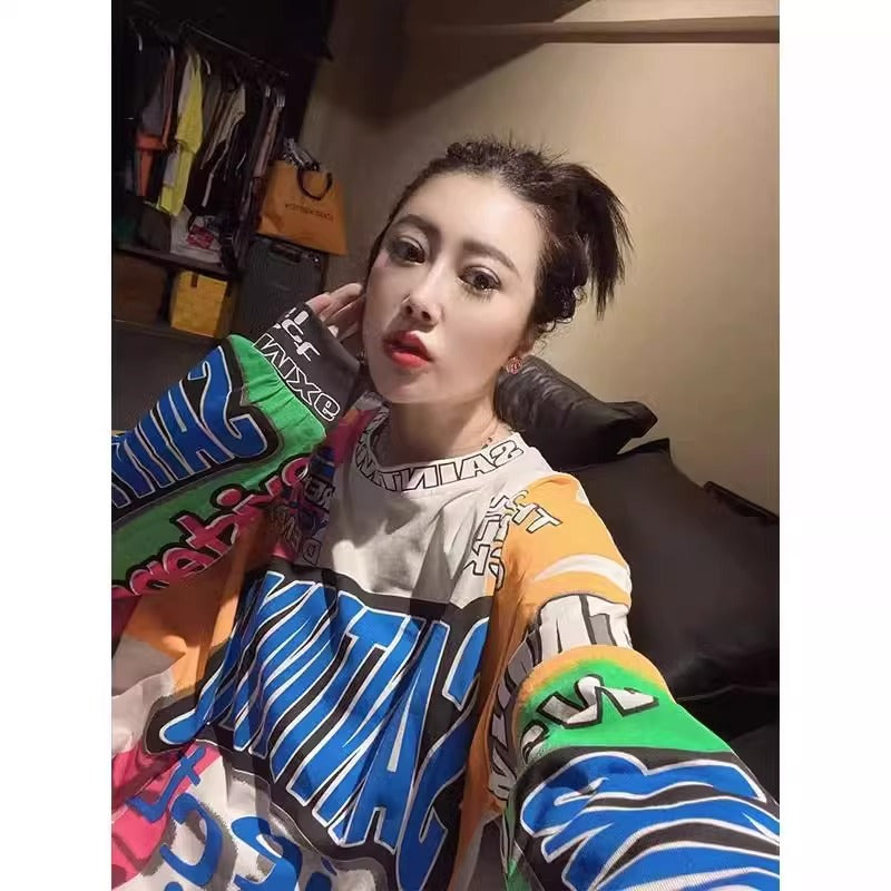 Graffiti Printing Design Round Neck Long Sleeve T-shirt