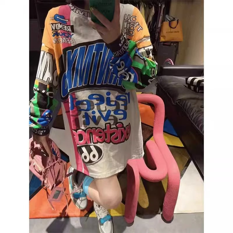 Graffiti Printing Design Round Neck Long Sleeve T-shirt