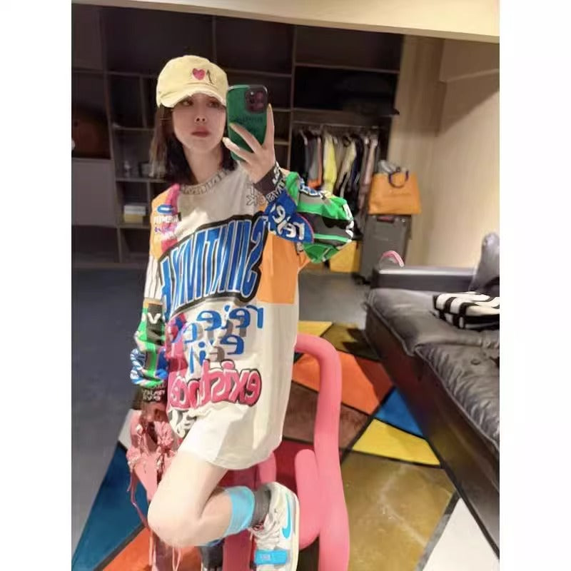 Graffiti Printing Design Round Neck Long Sleeve T-shirt