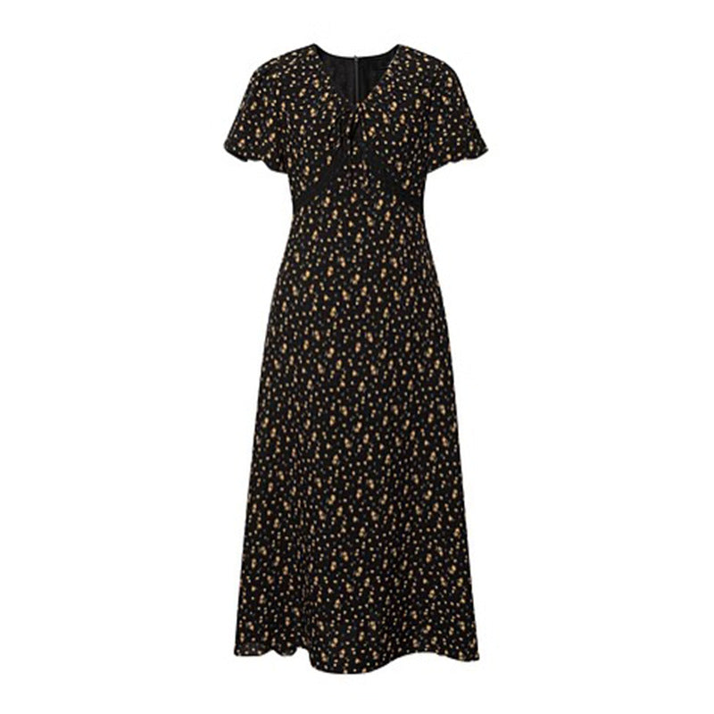 French Elegant Waist Slimming V-neckline Chiffon Dress Women