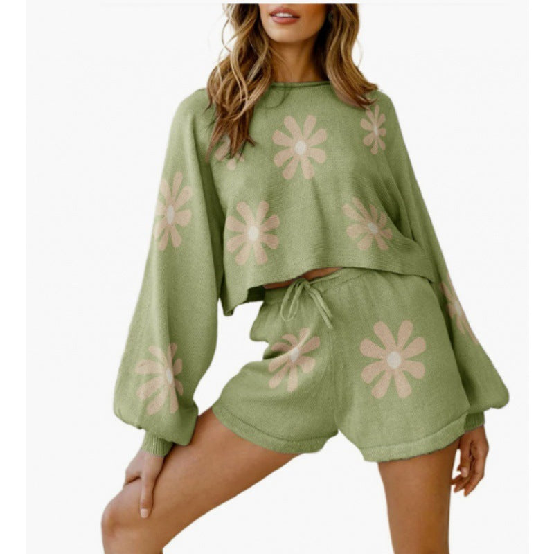 Women's Waffle Knit Pajamas Suit Long Sleeve Top And Shorts