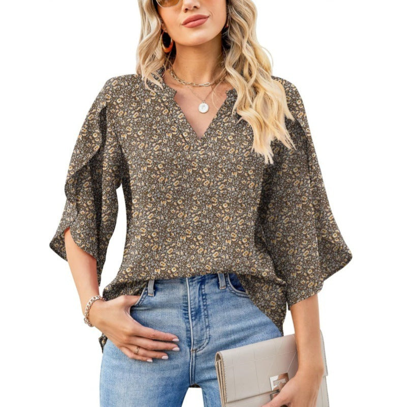 Summer And Autumn New Women's Top Loose V-neck Petal Sleeve Chiffon Printed Women's Shirt