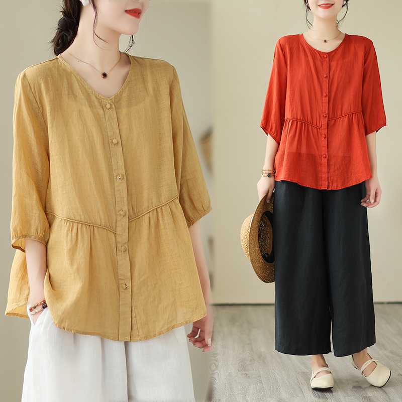 Artistic New Cotton And Linen Retro Crew Neck Top