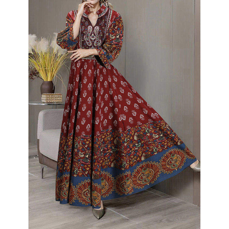 Women's Bohemian 3 4 Sleeve Floral Swing Dress Ethnic Embroidery Notched Neck Big Swing Dress