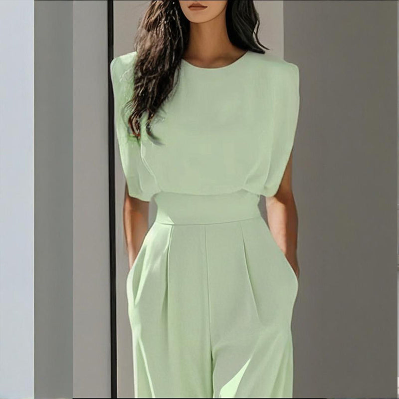 Women's Solid Color Round Neck Short Sleeve Wide-Leg Jumpsuit With Waist Design & Pockets Casual Romper For Spring&Summer