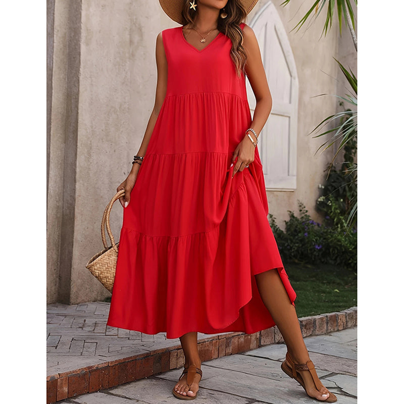 Women's Summer Casual Sleeveless V Neck Swing Dress Flowy Tiered Maxi Beach Dress