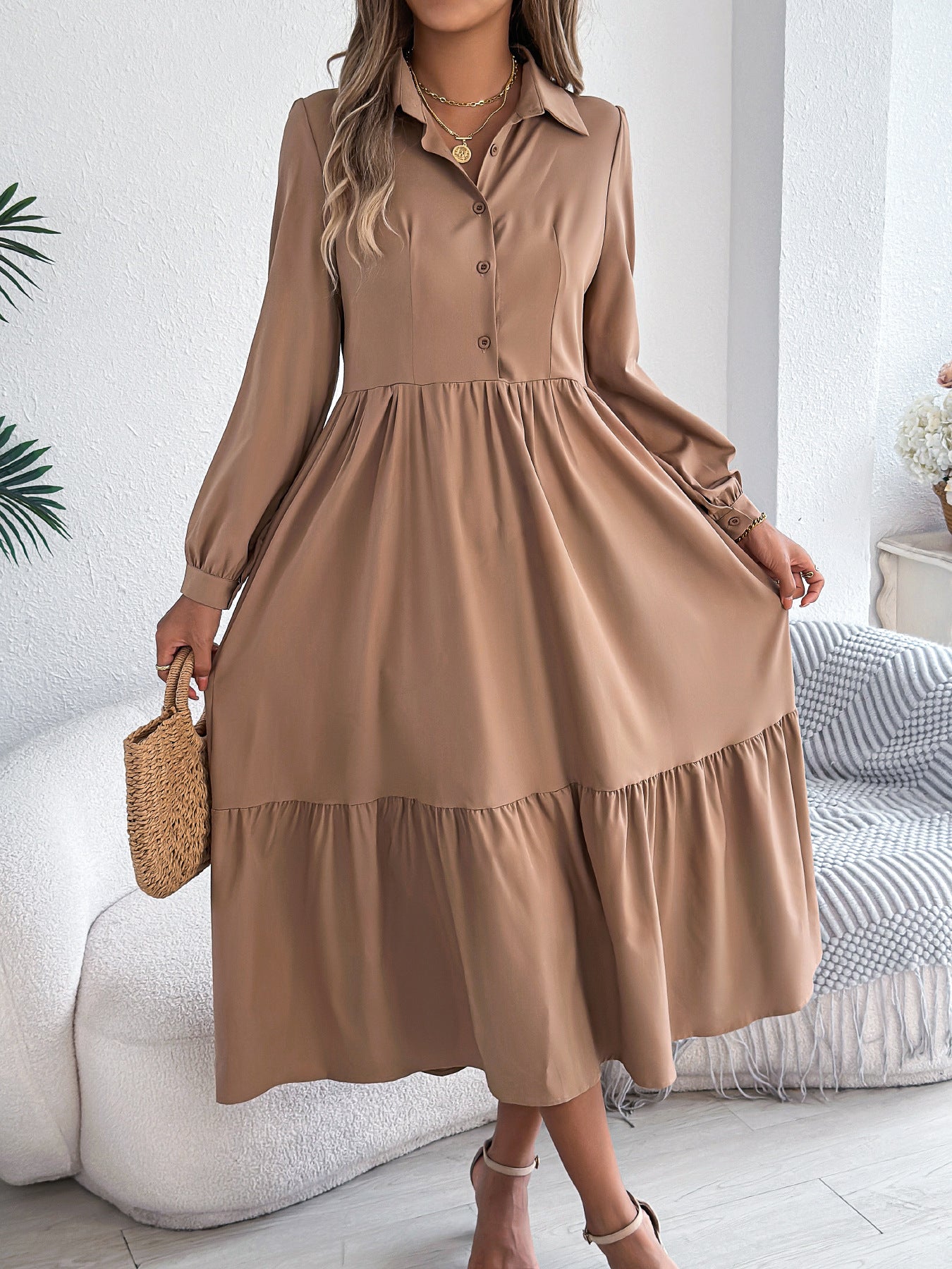 Women's Lapel Casual Loose Long Sleeve Ruffled Shirt Dresses Long Sleeved Turn-down Collar Single-Breasted Dress Spring Autumn Fashion Women's Clothing For Vacation