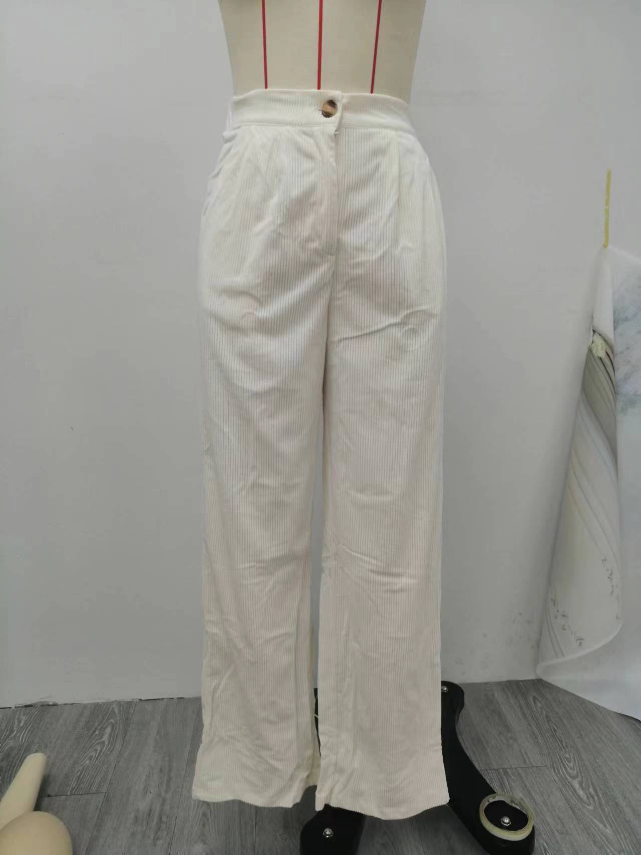 Women's High Waist Casual Pants Solid Color Corduroy Baggy Straight Trousers