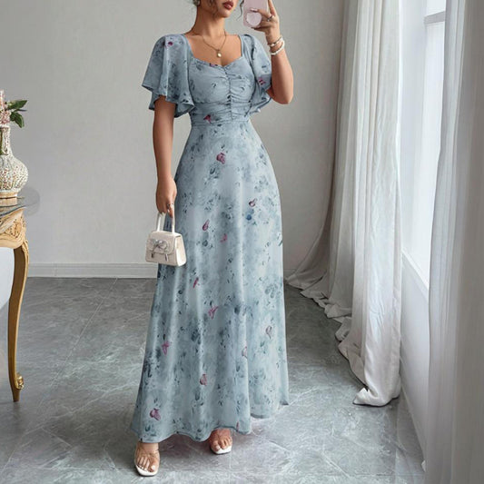 Women's Solid Color Square Neck Short Sleeve Butterfly Print Flowy Dress A-Line Summer Vacation Maxi Dress