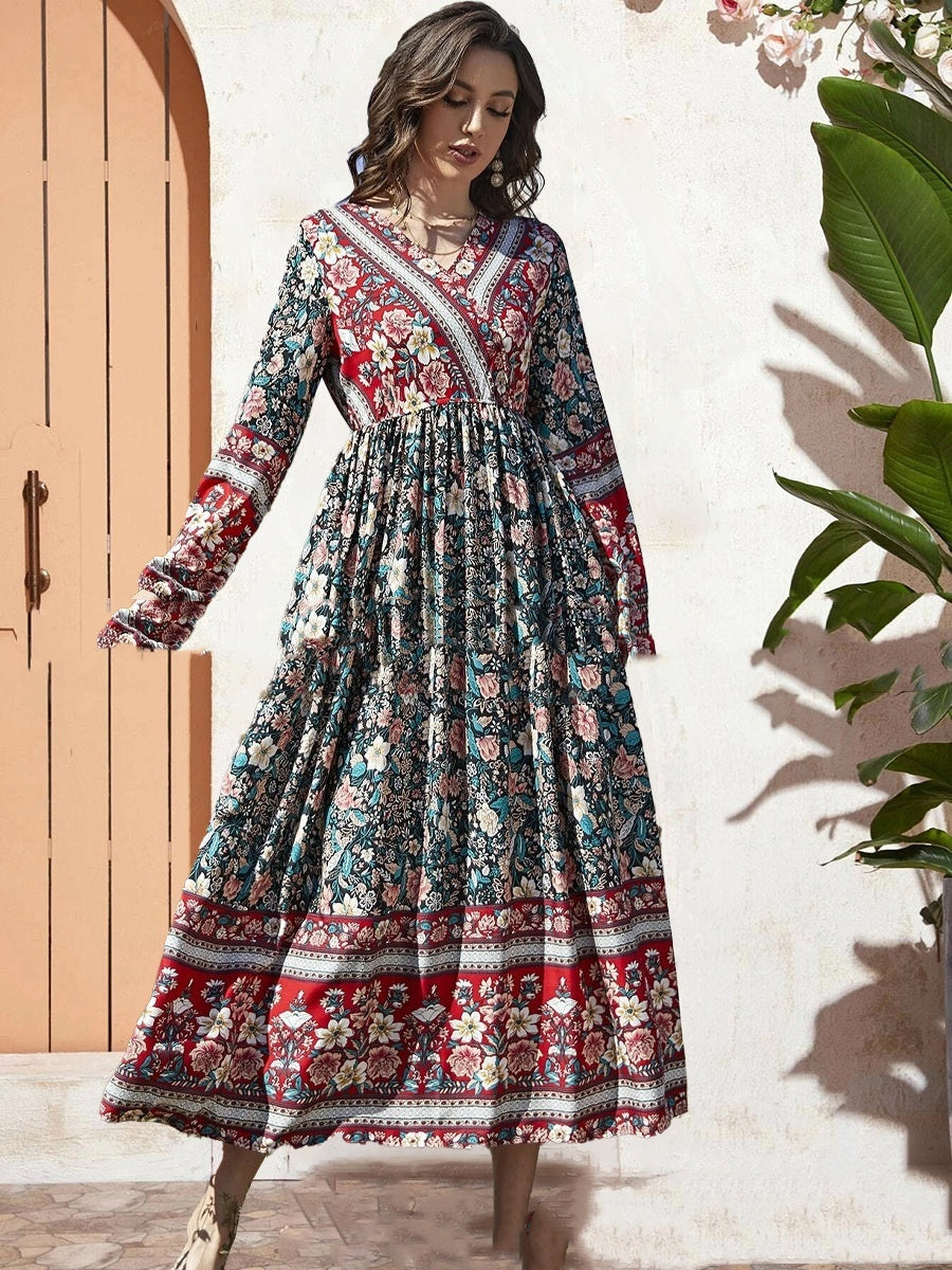 Rayon Long Sleeve Bohemian Dress Vacation Beach Large Swing Dress