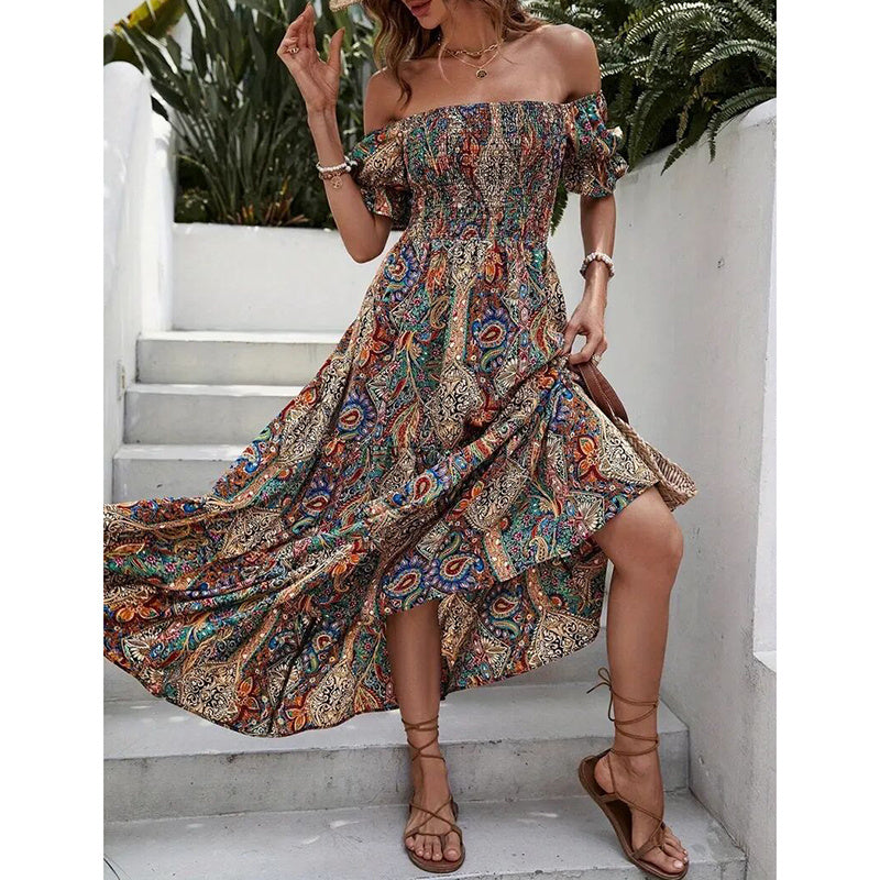 Women's Off The Shoulder Dresses Boho Flowy Smocked Maxi Sundress Beach Vacation Summer Dress