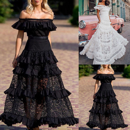 Women's Off-shoulder Ruffled Hollow Wide Hem Lace Dress