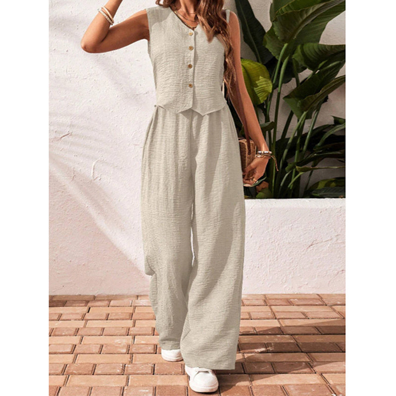 Womens Two Piece Outfits Summer Fashion Button V Neck Crop Vest Blazer And Wide Leg Pants Suit Matching Sets