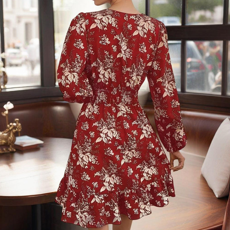 Women's V-Neck Floral Print Long Sleeve Dress With Lantern Sleeves, Ruffled Elastic Waist A-Line Midi Boho Summer Dress