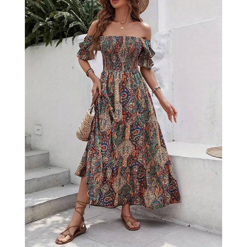Women's Off The Shoulder Dresses Boho Flowy Smocked Maxi Sundress Beach Vacation Summer Dress