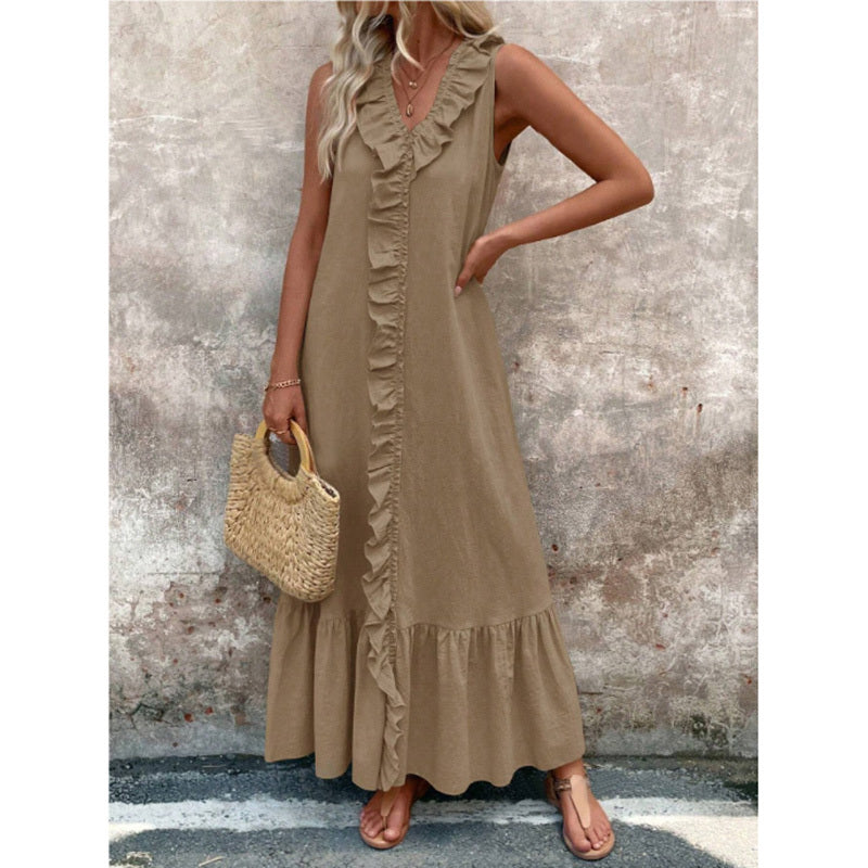 Women's Elegant Casual Summer Dress - V-Neck Sleeveless Ruffled Vacation Long Dress With Pleated Hem
