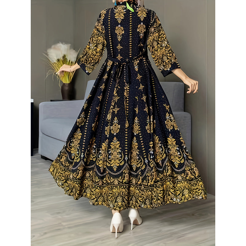 Women's Boho V Neck Maxi Dress Elegant 3 4 Sleeve Ethnic Floral Print Swing Dress