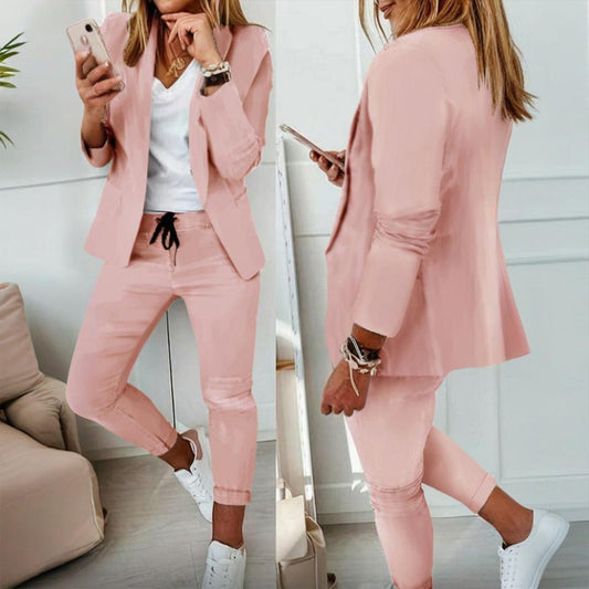 Women's Solid Color Long Sleeve Suit Set - Stylish Notch Lapel Blazer With Pockets & Drawstring Waist Pants, Spring&Fall Business Casual Outfit