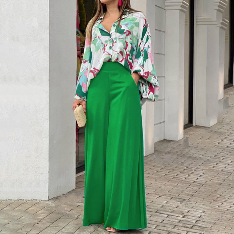 Women's Printed Shirt Wide Leg Pants Fashion Casual Set