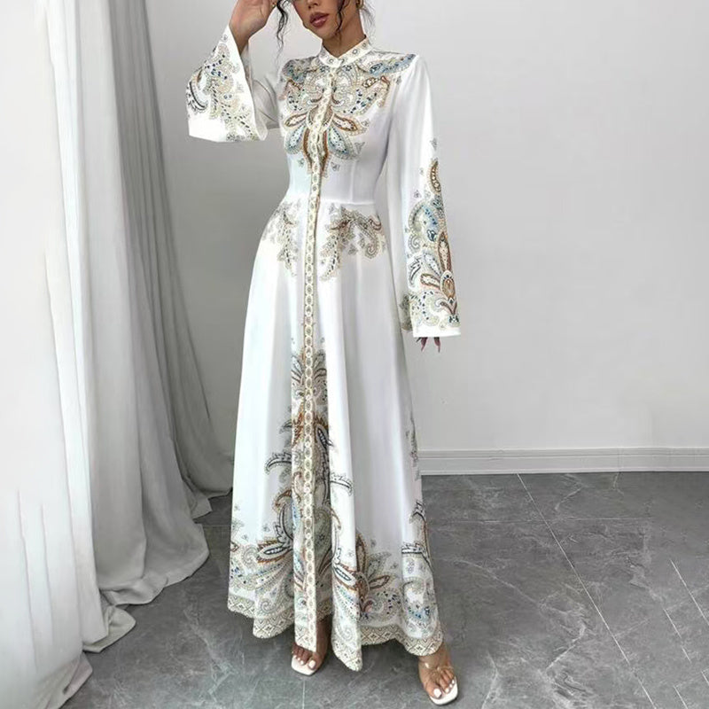 Elegant High-Neck Floral Maxi Dress - Long Flowy Sleeves, Modest A-Line Middle Eastern Style Gown Vacation & Party Dress For Women