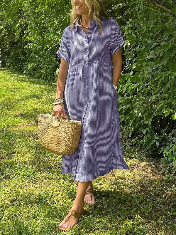 Loose Striped Short Sleeve Casual Cotton And Linen Dress